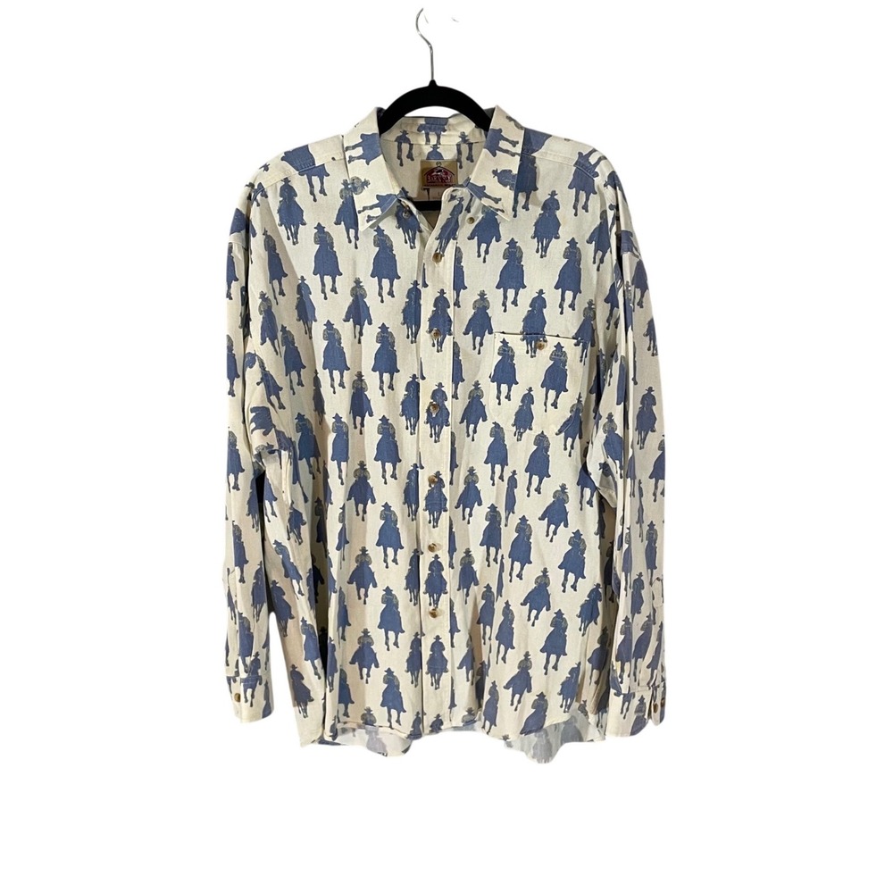 Barn Fly Mens Cowboy Print Button Down Shirt Blue Cream Cotton USA Made Large